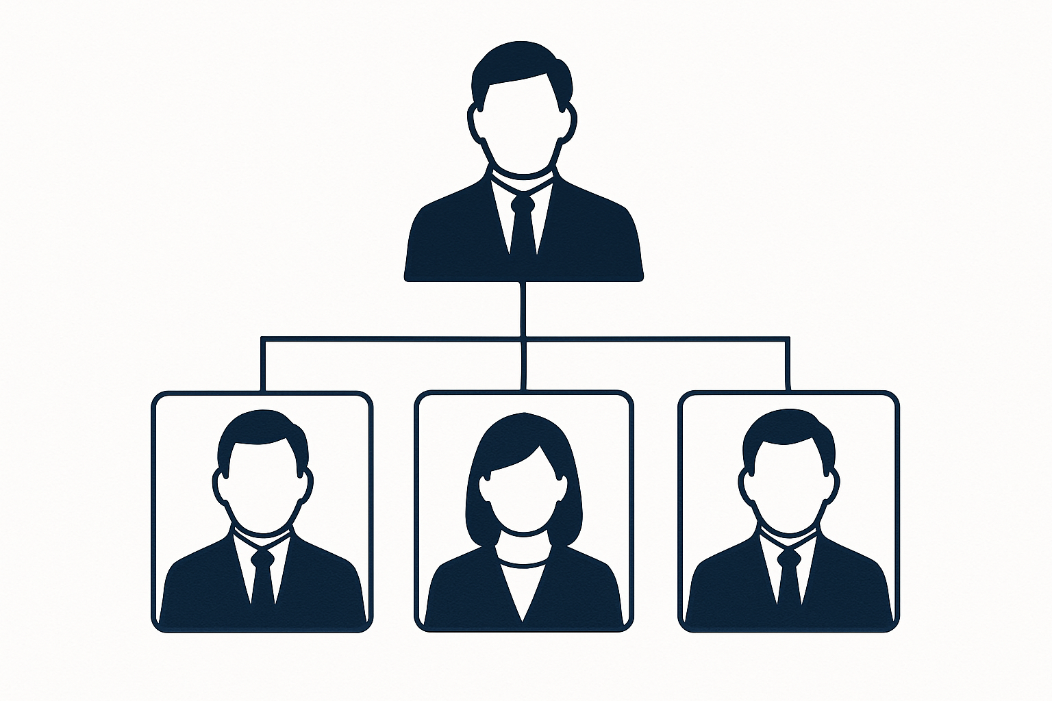 プロジェクトマネージャーを頂点とする組織構造と三人のリーダーの階層関係を示す図