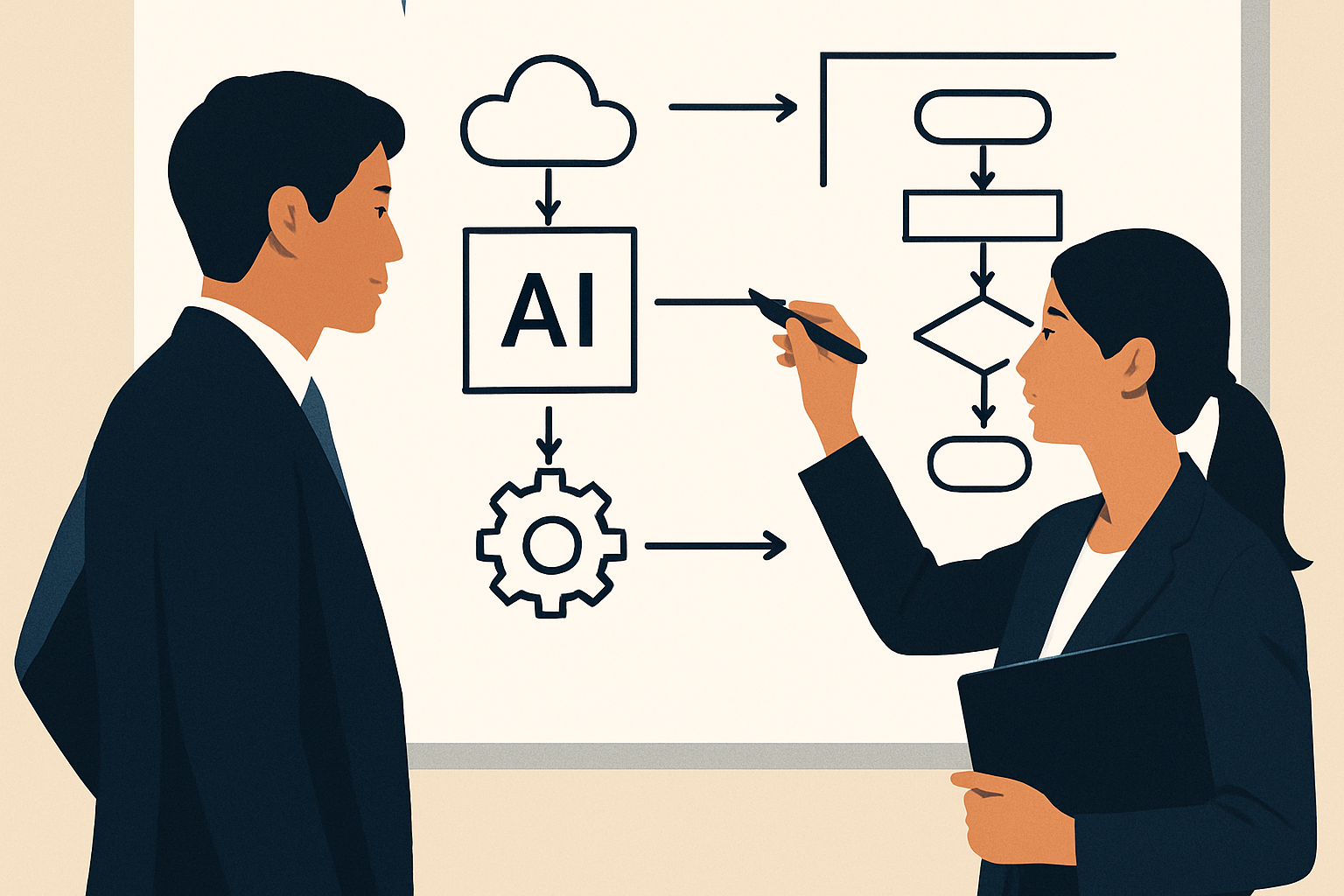 AI導入の戦略立案と実装を支援するコンサルタントと技術者の協働場面