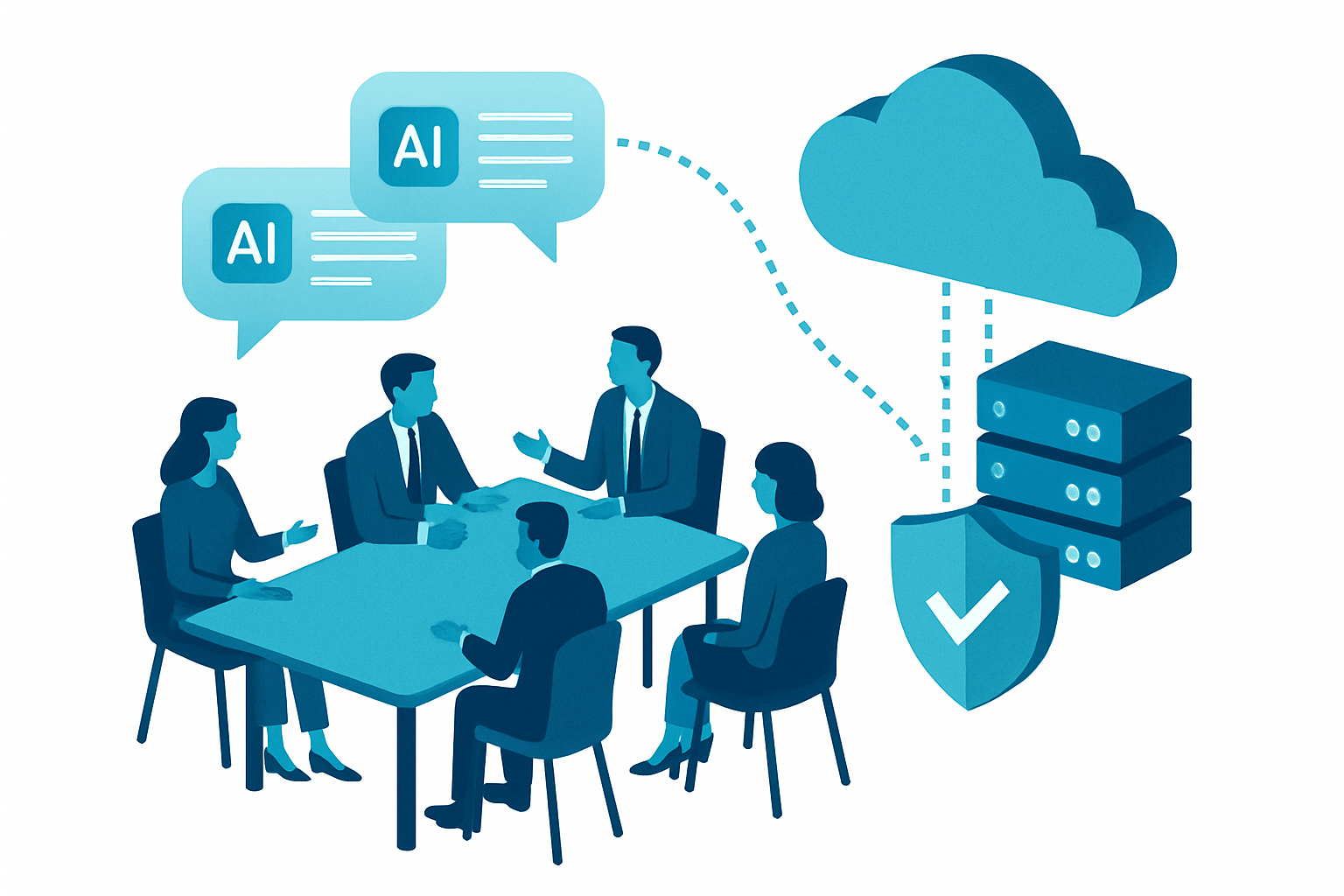 AI音声認識で議事録を自動作成し、クラウド保存するセキュアなシステムの概念図