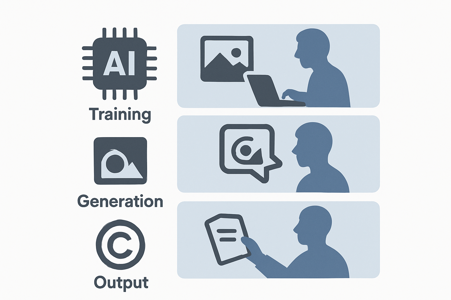 AI著作権侵害の三段階リスク層別図（学習・生成・出力）