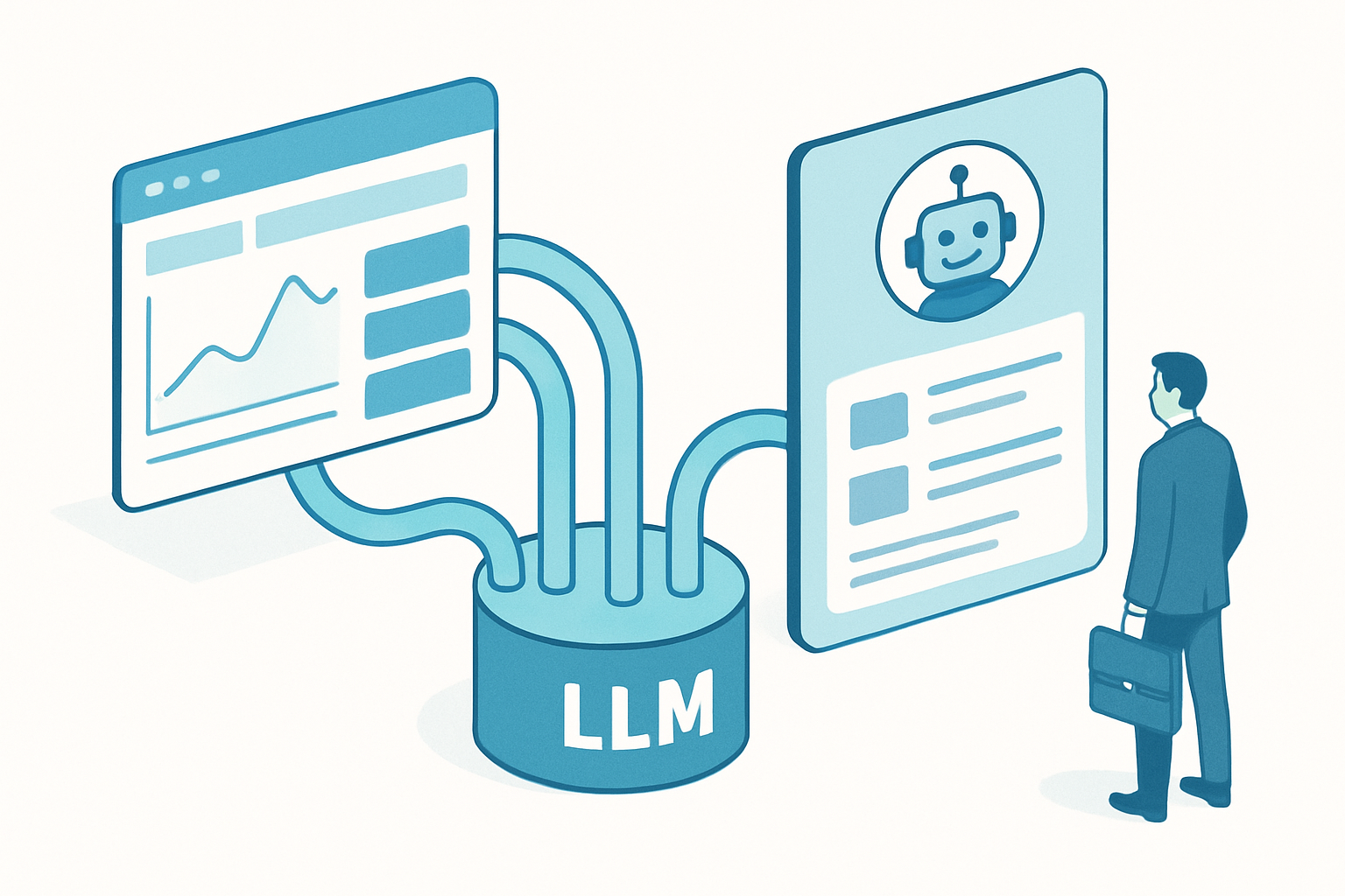 SaaS ダッシュボードから AI エージェント インターフェースへの進化を示す概念図、データパイプラインが LLM ハブに集約される構図