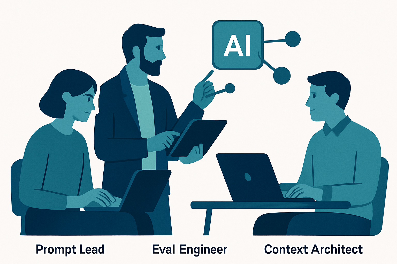 AI開発チーム三つの役割がAIエージェントを中心に協働する体制図