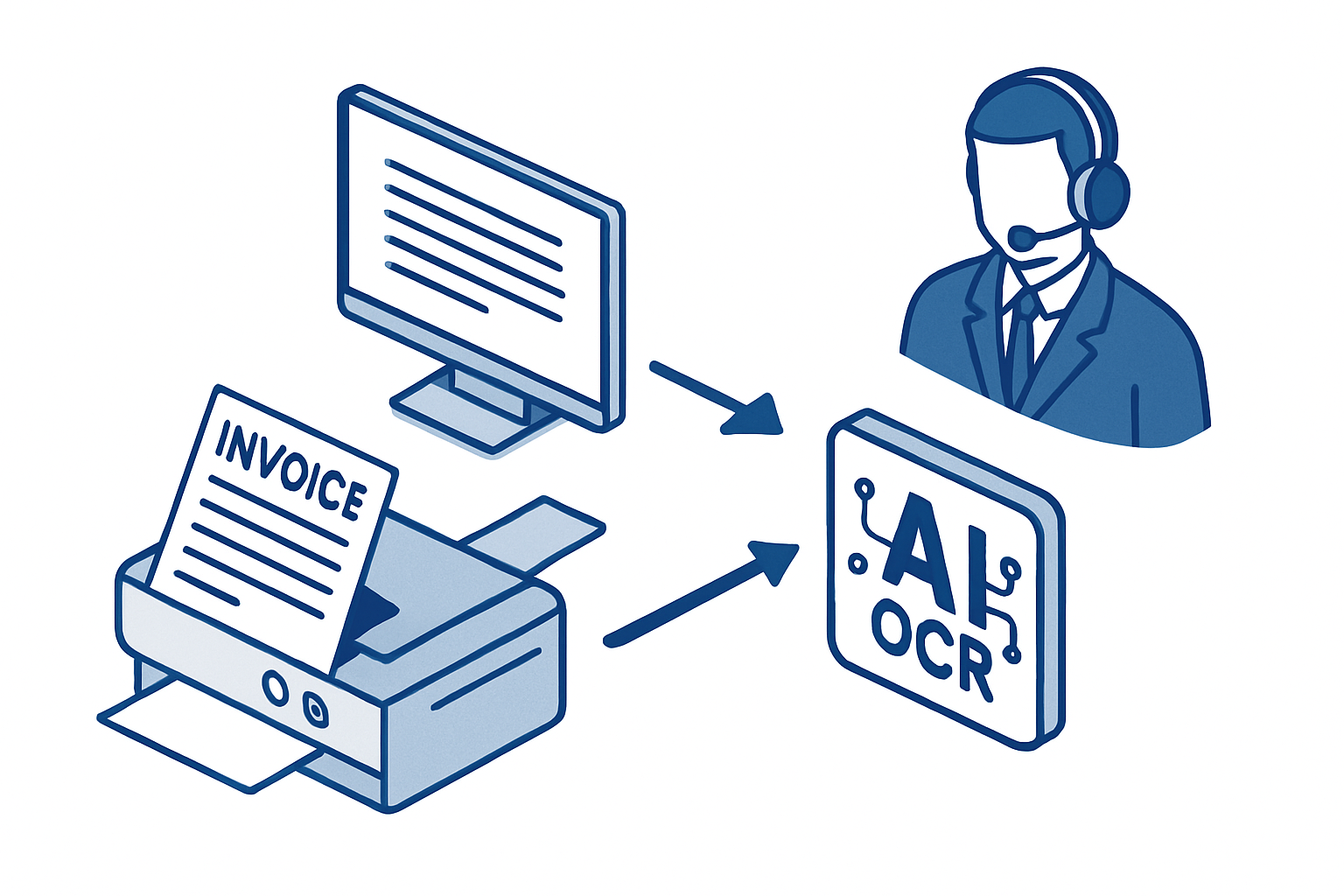 紙領収書スキャンからAIエージェント処理までのAI-OCR業務フロー図
